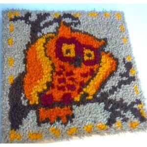 Vintage 70s Owl Latch Hook Wall Hanging Mounted Retro Rug Shag 15x15